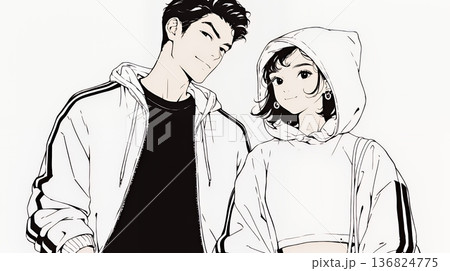 希望に満ちたライフスタイルを過ごす若いカップル：未来を見つめている（シンプルな色使い）