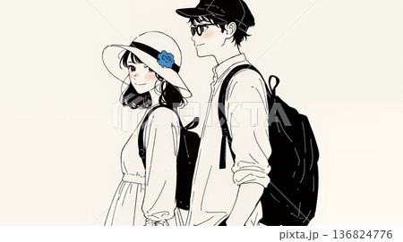 希望に満ちたライフスタイルを過ごす若いカップル：未来を見つめている（シンプルな色使い）