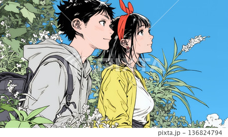 希望に満ちたライフスタイルを過ごす若いカップル：未来を見つめている