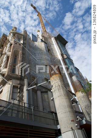 Barcelona, Spain, August 30, 2017: Sagrada Familia under construction with crane 136824809