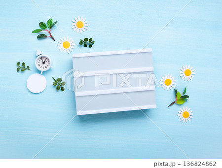 Daylight saving Time, Spring forward, Summer back concept. White Alarm Clock and Spring Daisy Flowers on Blue Background 136824862