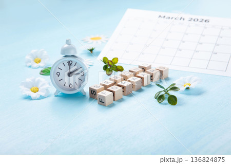 Daylight saving Time, Spring forward, Summer back concept. White Alarm Clock and Spring Daisy Flowers on Blue Background Daylight saving Time, Spring forward, Summer back concept. White Alarm Clock and Spring Daisy Flowers on Blue Background 136824875