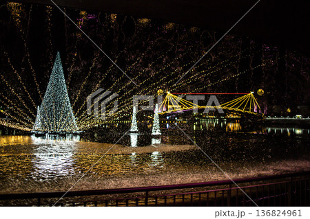 降り積もる雪でより美しさを増す富山市富岩運河環水公園の噴水広場のライトアップ 136824961