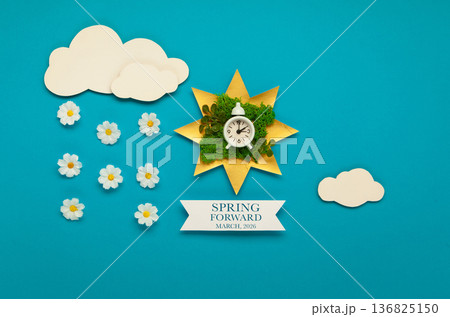 Daylight saving Time, Spring forward, Summer back concept. White Alarm Clock and Spring Daisy Flowers on Blue Background 136825150