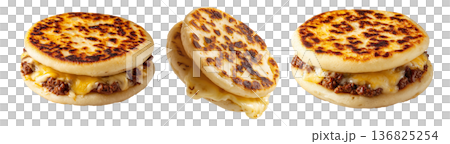 Grilled arepas plain sandwich filled with melted cheese and ground beef isolated on white background, concept of Latin street food Grilled arepas plain sandwich filled with melted cheese and ground beef isolated on white background, concept of Latin street food 136825254