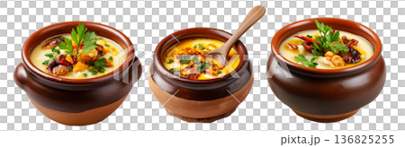 Cazuela chilean Stew pot served in rustic bowl with wooden spoon isolated on white background, South American Cuisine 136825255