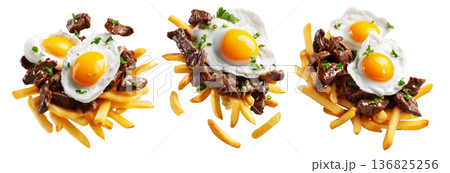 Chorillana beef fried with eggs garnished and herbs, street food isolated on white background. South American Cuisine 136825256