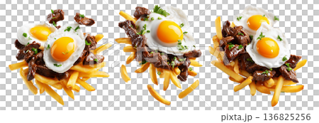 Chorillana beef fried with eggs garnished and herbs, street food isolated on white background. South American Cuisine 136825256