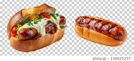 Argentina Choripn grilled chorizo sausage sandwich topped with green chimichurri sauce, isolated on white background. 136825257