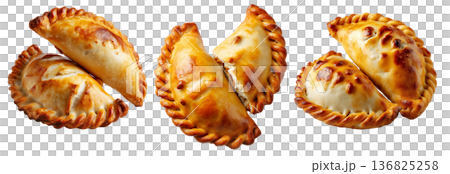 Argentina and Uruguay empanadas stacked in a pyramid, golden baked crust, meat and potato filling, isolated on white background 136825258