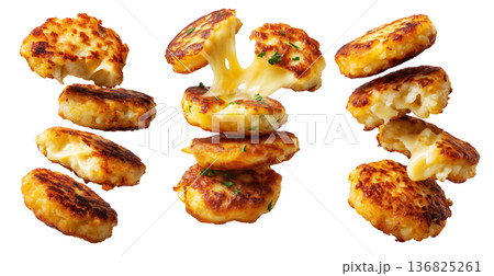Ecuador lapingachos potato patties filled with melted cheddar cheese, isolated on white background, South American Cuisine Ecuador lapingachos potato patties filled with melted cheddar cheese, isolated on white background, South American Cuisine 136825261