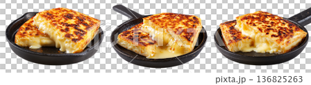 Argentina grilled Provoleta cheese pieces stacked, isolated on white transparent background. Concept of South American Cuisine Argentina grilled Provoleta cheese pieces stacked, isolated on white transparent background. Concept of South American Cuisine 136825263