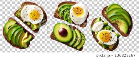 California avocado toast topped with ripe avocado slices, boiled egg, sesame seeds, herbs and sauce, isolated on white background California avocado toast topped with ripe avocado slices, boiled egg, sesame seeds, herbs and sauce, isolated on white background 136825267