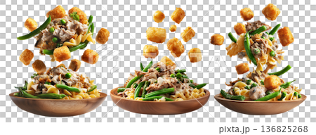 Bowls of green beans, crispy tater tots, and creamy tuna noodle casserole on wooden plate, isolated on white background 136825268
