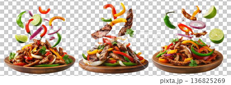 Tex-Mex Fajitas grilled beef strips with bell peppers and onion slices isolated on white background, concept of fresh grilled food 136825269
