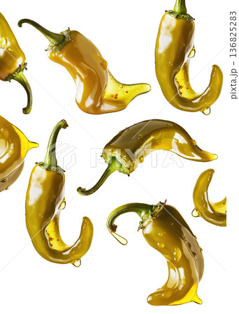 Shiny green chili peppers covered in oil, isolated on white background, emphasizing food freshness and culinary splash concept 136825283