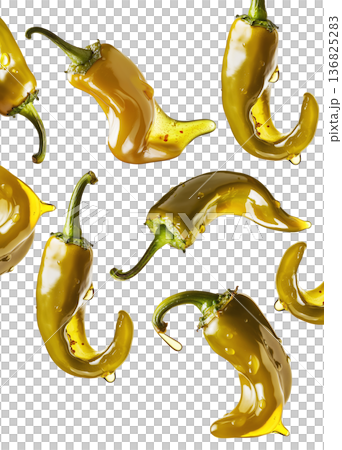 Shiny green chili peppers covered in oil, isolated on white background, emphasizing food freshness and culinary splash concept 136825283