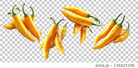 Fresh yellow chili peppers in various bunches, isolated on clean white background, concept of spicy food 136825286