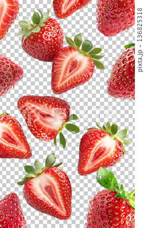 Juicy whole and halved strawberries with green leaves scattered and isolated on white background, freshness and healthy eating Juicy whole and halved strawberries with green leaves scattered and isolated on white background, freshness and healthy eating 136825318