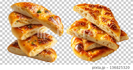 Set of Manakish freshly baked round Turkish flatbread with za'atar, cheese or minced meat isolated on white background 136825320