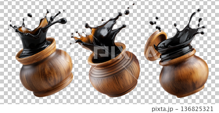 Set of Egyp Molasses black syrup jar splashing from a polished jar, isolated on white background, concept of Arabic Cuisine 136825321