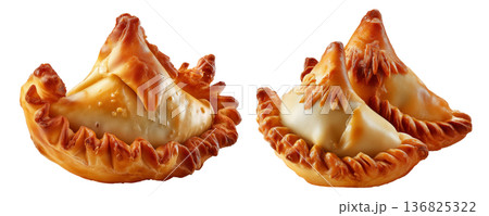 Set of Sambousek small crescent baked dumpling with twisted and pinched crust with cheese or meat, isolated on white background 136825322