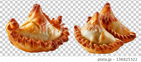 Set of Sambousek small crescent baked dumpling with twisted and pinched crust with cheese or meat, isolated on white background 136825322