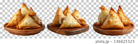 Set of Briouat triangular fruit filled pastries, phyllo pastries filled with meat or almonds on white, Arabic sweet desserts 136825323