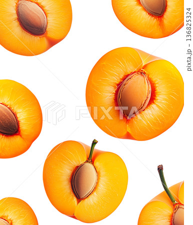 Juicy whole and halved apricots with green leaves and water droplets, on white background, concept of freshness and healthy eating 136825324
