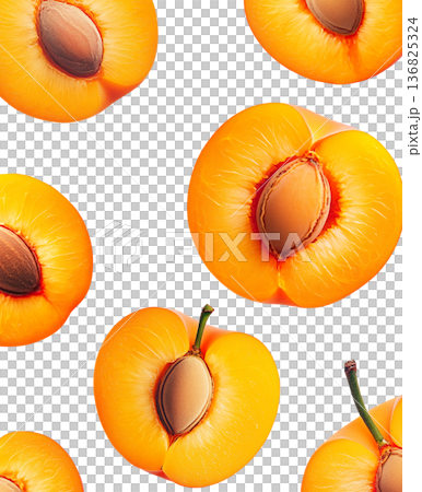 Juicy whole and halved apricots with green leaves and water droplets, on white background, concept of freshness and healthy eating Juicy whole and halved apricots with green leaves and water droplets, on white background, concept of freshness and healthy eating 136825324