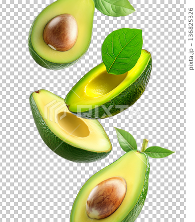 Whole and halved ripe avocados with green leaves, isolated on white background. Concept of fresh organic tropical fruit Whole and halved ripe avocados with green leaves, isolated on white background. Concept of fresh organic tropical fruit 136825326