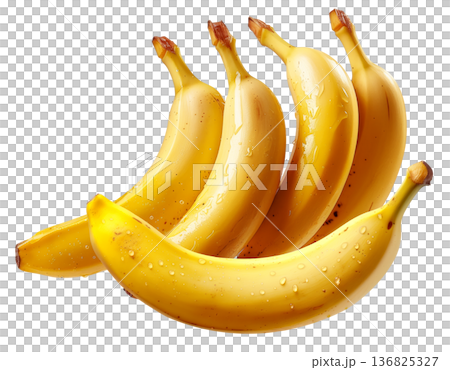 Multiple fresh yellow bananas with water droplets isolated on a white background. Concept of tropical fruit freshness Multiple fresh yellow bananas with water droplets isolated on a white background. Concept of tropical fruit freshness 136825327