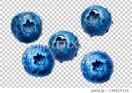 Close-up of fresh blueberries covered in water droplets, isolated on white background, concept of freshness and health 136825328