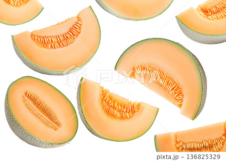 Fresh cantaloupe melon wedges with seeds displayed in a scattered seamless pattern, on white background, concept of summer fruit Fresh cantaloupe melon wedges with seeds displayed in a scattered seamless pattern, on white background, concept of summer fruit 136825329