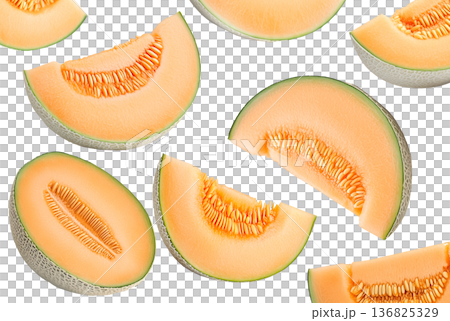 Fresh cantaloupe melon wedges with seeds displayed in a scattered seamless pattern, on white background, concept of summer fruit 136825329