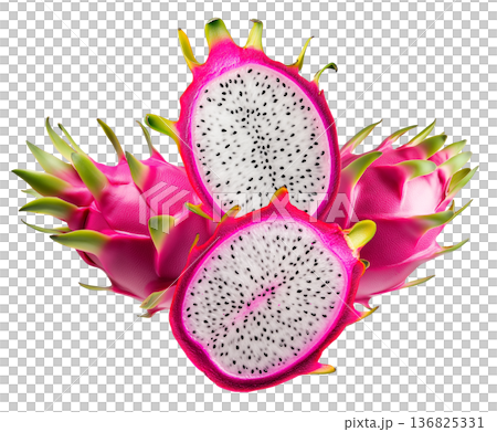 Whole and halved dragon fruits with vibrant pink skin and white flesh with seeds, on white background, concept of tropical food Whole and halved dragon fruits with vibrant pink skin and white flesh with seeds, on white background, concept of tropical food 136825331