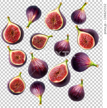 Fresh ripe purple figs, whole and halved, with green leaves, isolated on white background, concept of healthy fruit Fresh ripe purple figs, whole and halved, with green leaves, isolated on white background, concept of healthy fruit 136825332