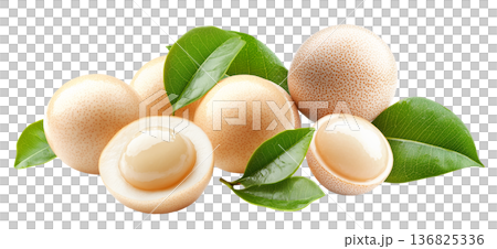 Whole and halved longan fruits with juicy translucent flesh and green leaves isolated on white background Whole and halved longan fruits with juicy translucent flesh and green leaves isolated on white background 136825336