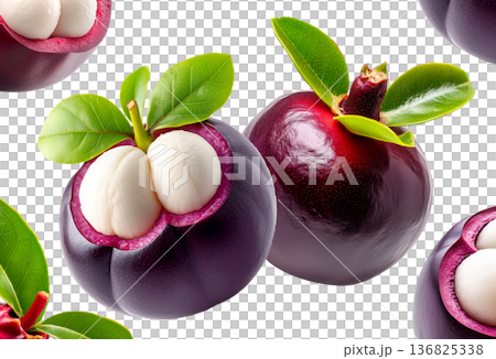 Whole and halved mangosteen fruits with green leaves isolated on white background, concept of tropical exotic fruits pattern Whole and halved mangosteen fruits with green leaves isolated on white background, concept of tropical exotic fruits pattern 136825338