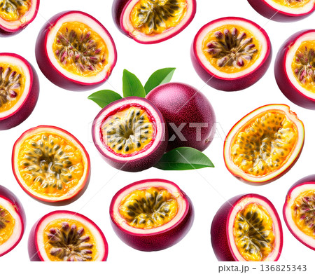 Whole and halved passion fruits with juicy seeds and green leaves isolated on white background, tropical fruit freshness concept Whole and halved passion fruits with juicy seeds and green leaves isolated on white background, tropical fruit freshness concept 136825343