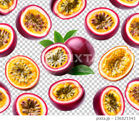 Whole and halved passion fruits with juicy seeds and green leaves isolated on white background, tropical fruit freshness concept Whole and halved passion fruits with juicy seeds and green leaves isolated on white background, tropical fruit freshness concept 136825343