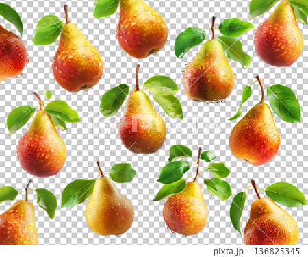 Juicy red yellow pear with water drops and sliced halves, isolated on white background, concept of freshness and fruit Juicy red yellow pear with water drops and sliced halves, isolated on white background, concept of freshness and fruit 136825345