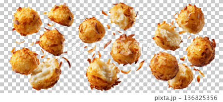 Banana coconut rice balls topped with toasted almonds, isolated on white background, concept of Micronesia Asian dessert Banana coconut rice balls topped with toasted almonds, isolated on white background, concept of Micronesia Asian dessert 136825356