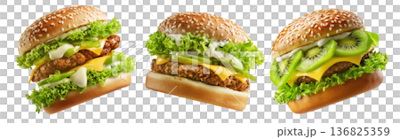 Kiwi burger with beetroot, cheese, onions, lettuce, and sauce isolated on white background, concept of New Zealand fast food Kiwi burger with beetroot, cheese, onions, lettuce, and sauce isolated on white background, concept of New Zealand fast food 136825359