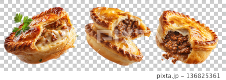 Australia meat pie with minced beef and gravy and crisp flaky crust isolated on white background. Concept of homemade comfort food Australia meat pie with minced beef and gravy and crisp flaky crust isolated on white background. Concept of homemade comfort food 136825361