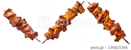 Anticuchos grilled beef meat skewer isolated on white transparent background, concept of South American barbecue cuisine 136825366