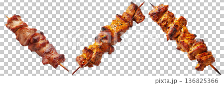 Anticuchos grilled beef meat skewer isolated on white transparent background, concept of South American barbecue cuisine 136825366