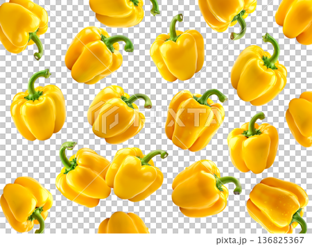 Multiple fresh yellow bell peppers scattered in a seamless pattern, isolated on white background, concept of healthy food Multiple fresh yellow bell peppers scattered in a seamless pattern, isolated on white background, concept of healthy food 136825367