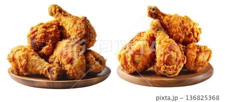 Golden crispy fried chicken drumsticks, isolated on white transparent background. Concept of fast food and comfort meal Golden crispy fried chicken drumsticks, isolated on white transparent background. Concept of fast food and comfort meal 136825368
