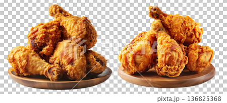 Golden crispy fried chicken drumsticks, isolated on white transparent background. Concept of fast food and comfort meal Golden crispy fried chicken drumsticks, isolated on white transparent background. Concept of fast food and comfort meal 136825368